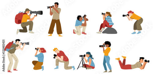 Photographers taking pictures, standing, sitting and lying with cameras in hands, flat vector characters set. Cartoon men women shooting photos at work or on vacation. Creative people enjoying hobby