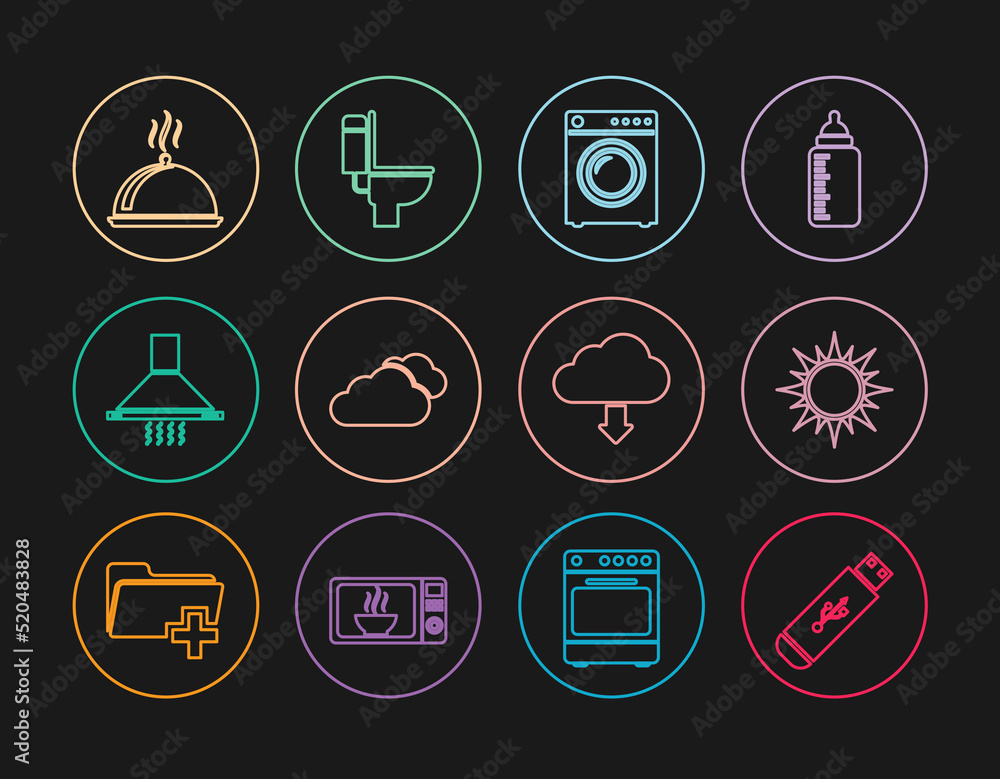 Set line USB flash drive, Sun, Washer, Cloud, Kitchen extractor fan, Covered with tray of food, download and Toilet bowl icon. Vector Set line USB flash drive, Sun, Washer, Cloud, Kitchen extractor fan, Covered with tray of food, download and Toilet bowl icon. Vector