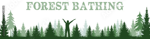 Forest Bathing, Frau mit gestreckten Armen allein im Wald, Silhouette, abstrakt, vektor