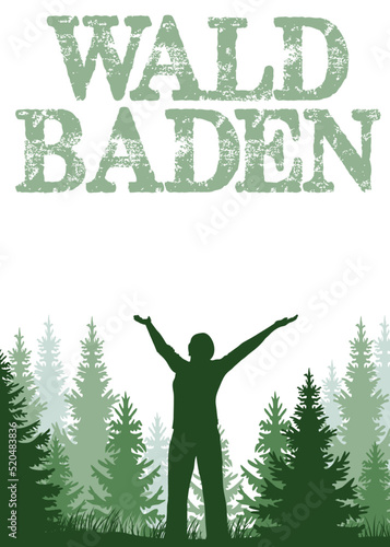 Waldbaden, Frau genießt den Wald und streckt die Arme. Erholsame Ökotherapie, Kraft gewinnen, Ruhe, Harmonie und Gleichgewicht zum täglichen Lebensstil. Physikalische Behandlung.