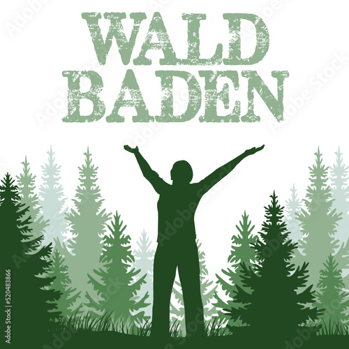 Waldbaden, Frau atmet tief ein mit gestreckten Armen im Wald, Silhouette, abstrakt, vektor