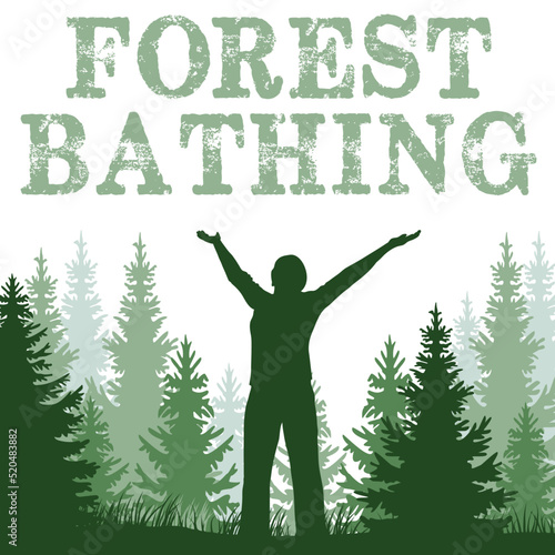 Forest Bathing, Frau mit gestreckten Armen im Wald, Silhouette, abstrakt, vektor