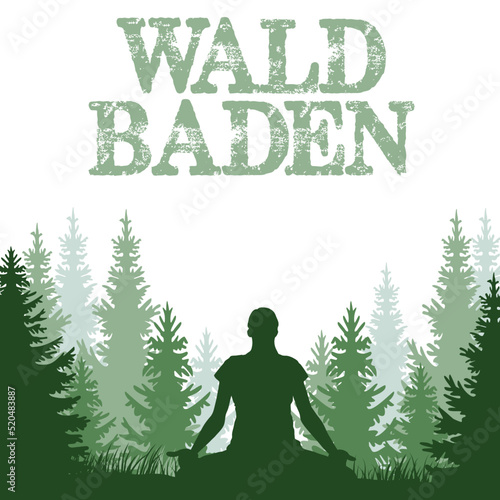 Waldbaden, Frau macht Yoga im Wald, Silhouette, abstrakt, vektor