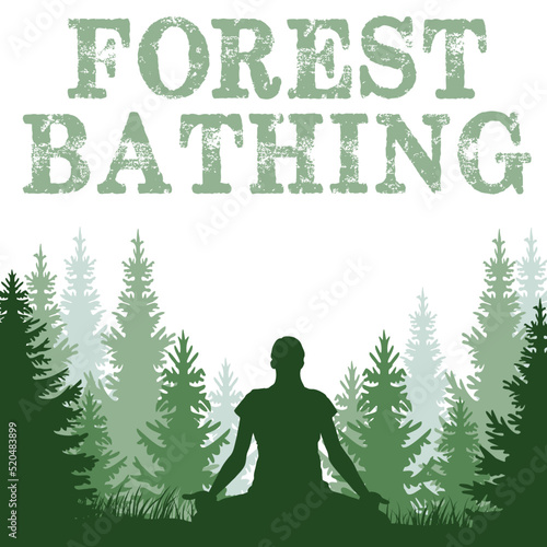 Forest Bathing, Frau macht Yoga im Wald, Silhouette, abstrakt, vektor