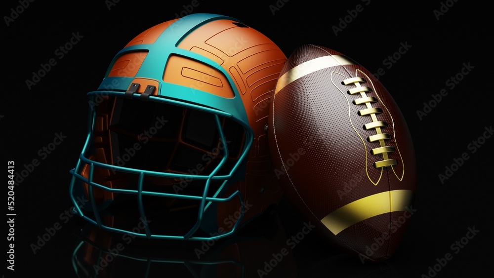Naklejka premium American football Orange-Green Red helmet and Brown-Black Ball under foggy black laser lighting. 3D illustration. 3D CG. 3D high quality rendering.