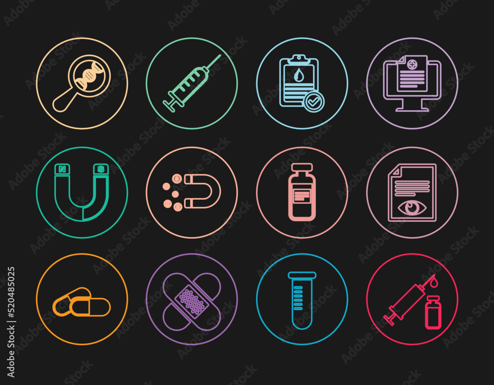 Set line Medical syringe and vial, Paper page with eye, Clipboard blood test, Magnet money, DNA research, search, ampoule and Syringe icon. Vector Set line Medical syringe and vial, Paper page with eye, Clipboard blood test, Magnet money, DNA research, search, ampoule and Syringe icon. Vector