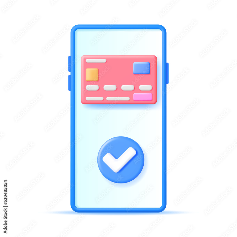 3D Smartphone, Bank Card with Approved Checkmark 3D Smartphone, Bank Card with Approved Checkmark