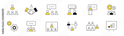 Business meeting and communication doodle icons set. Vector line art illustration of partner handshake, company teamwork, personnel training, project presentation, brainstorming, discussion symbols