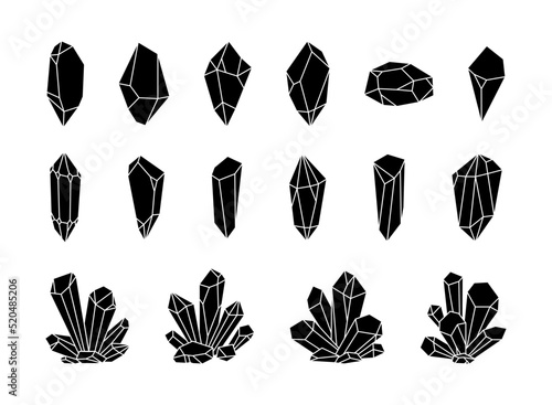 Crystals or gemstones silhouette collection, gem set. Jewelry stone or diamond. Black and white isolated objects vector illustration