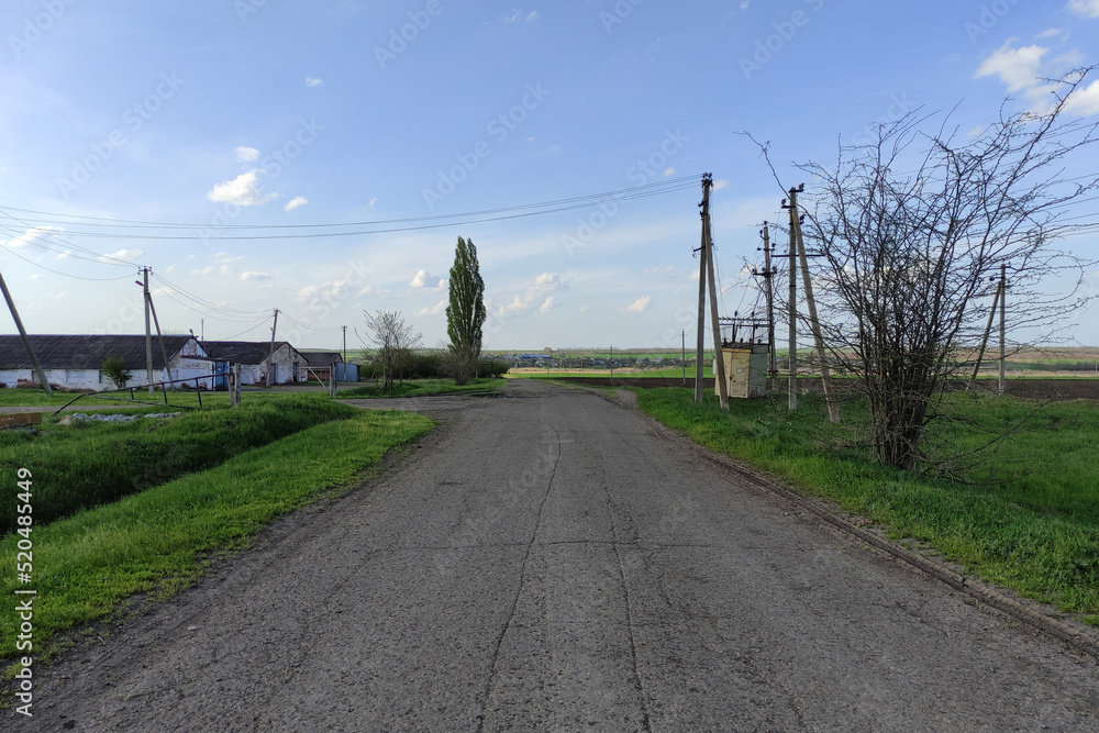 Asphalt road in the countryside and electrical lines in summer