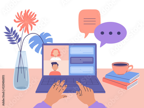 Comfortable workplace. Laptop, flowers, cup of coffee on desktop. Work online, trainings, education, virtual chatting. Hand drawn vector illustration isolated on background, modern flat cartoon style.