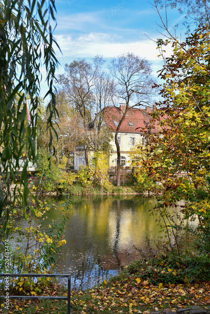 Fototapeta premium beautiful autumnal scenery at Loisach riverside, Wolfratshausen bavaria