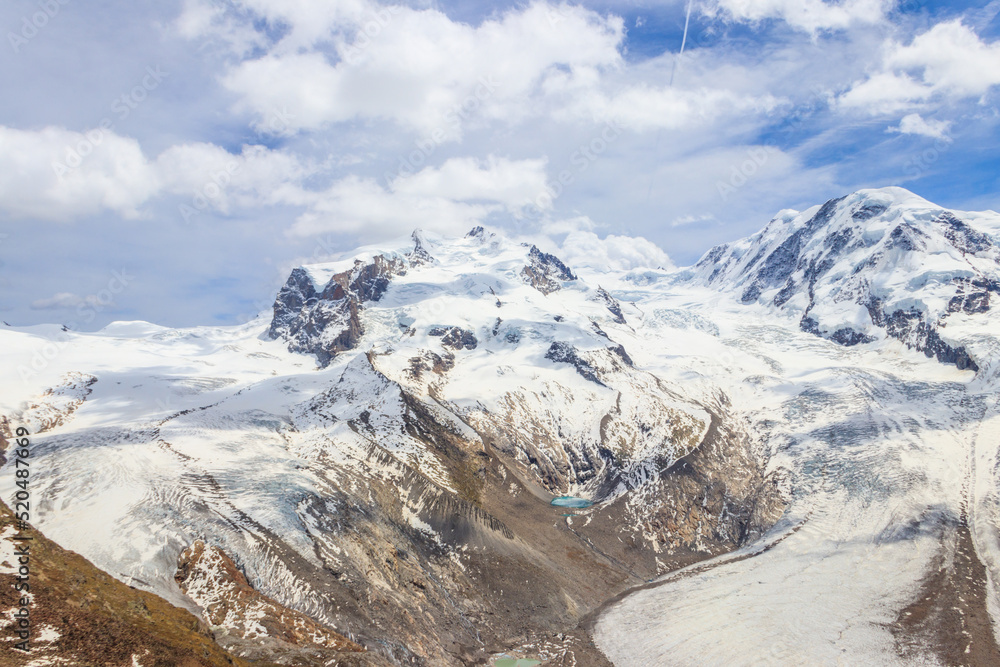 Magnificent panorama of the Pennine Alps with famous Gorner Glacier and impressive snow capped mountains Monte Rosa Massif close to Zermatt, Switzerland