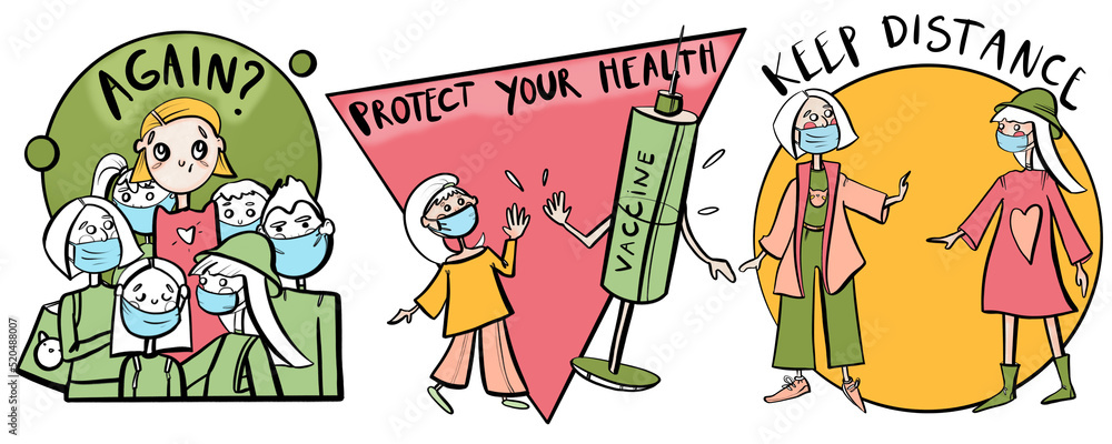 Fototapeta premium a set of illustrations on the topic again coronavirus comic people in cartoon style posters with inscriptions colored bright colors zota about health vaccine keep your distance