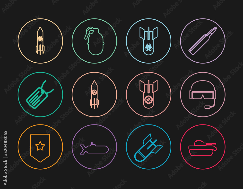 Set line Military tank, helmet, Biohazard bomb, Nuclear rocket, dog tag, and Hand grenade icon. Vector Set line Military tank, helmet, Biohazard bomb, Nuclear rocket, dog tag, and Hand grenade icon. Vector