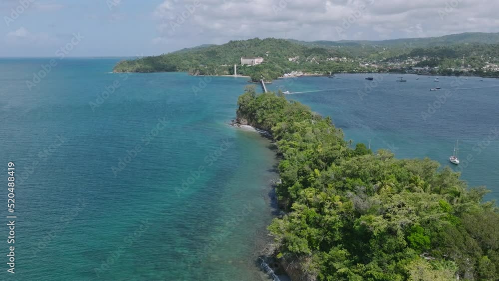 Aerial pullback of narrow island Vigia in Samana Bay, Dominican Republic Aerial pullback of narrow island Vigia in Samana Bay, Dominican Republic
