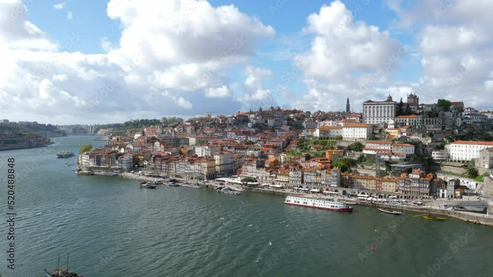 Panoramic Cityscape of Ribeira Neighborhood in Porto on a Sunny Day.