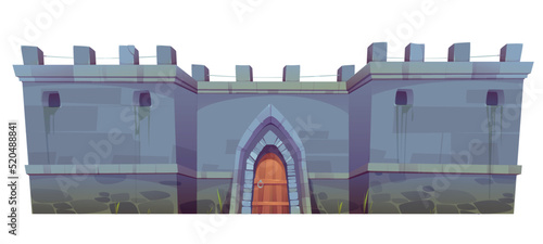 Medieval stone castle wall with wooden gate cartoon illustration. Vector image of ancient kingdom fortification for defense. Old fortress with gothic arched door. Reliable home security system
