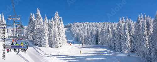 Fotografie Panorama of ski resort, slope, ski lift