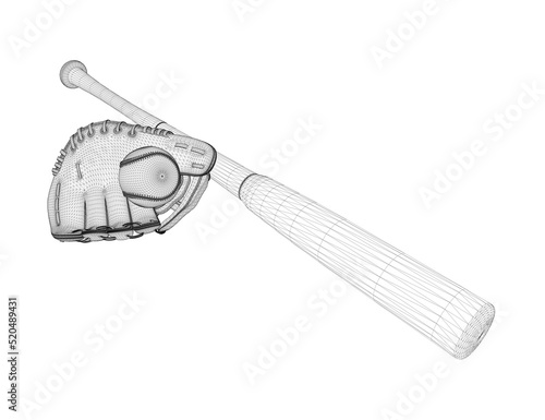 Baseball bat wireframe with glove and ball from black lines isolated on white background. 3D. Vector illustration.
