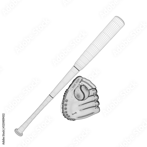 Baseball bat wireframe with glove and ball from black lines isolated on white background. 3D. Vector illustration.