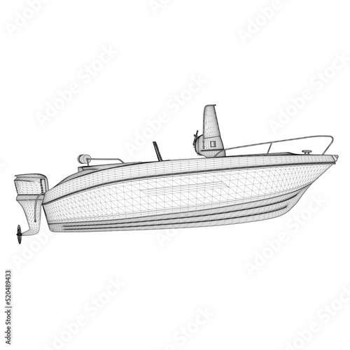 Motor boat wireframe from black lines isolated on white background. Side view. 3D. Vector illustration.