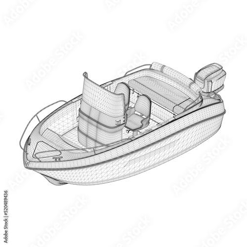 Motor boat wireframe from black lines isolated on white background. Isometric view. 3D. Vector illustration.