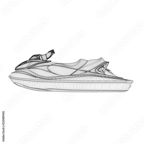 Water scooter wireframe from black lines isolated on white background. Side view. 3D. Vector illustration.