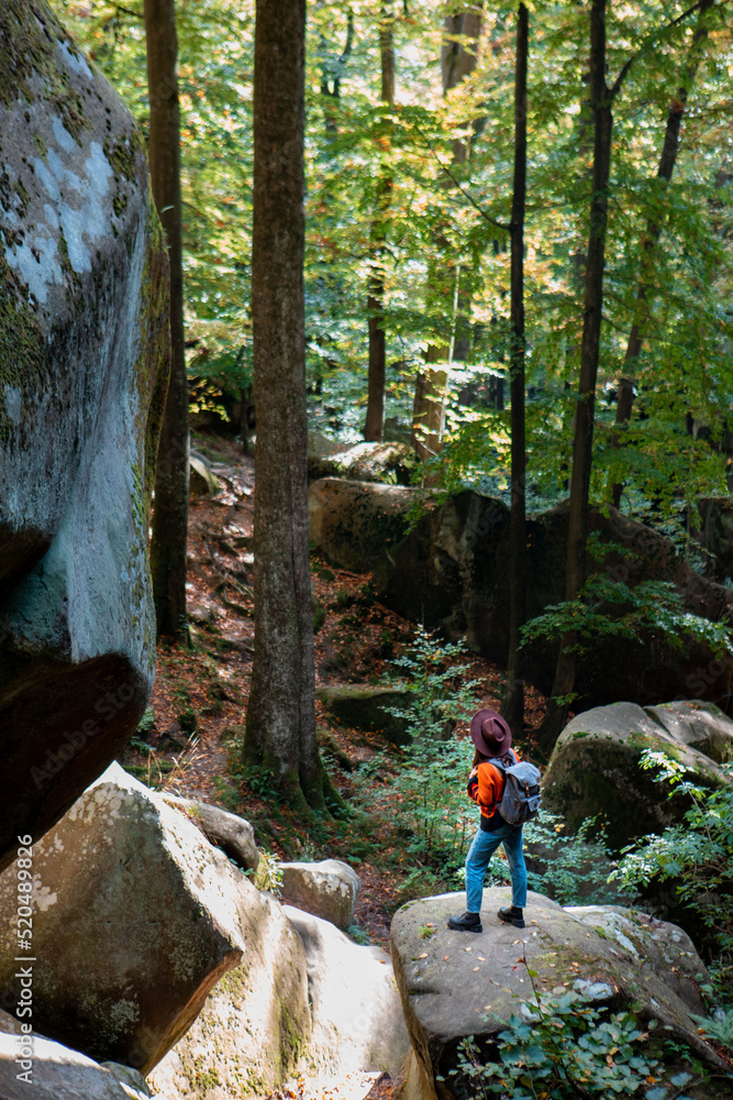 Fototapeta premium woman traveler with backpack walking by trail in canyon