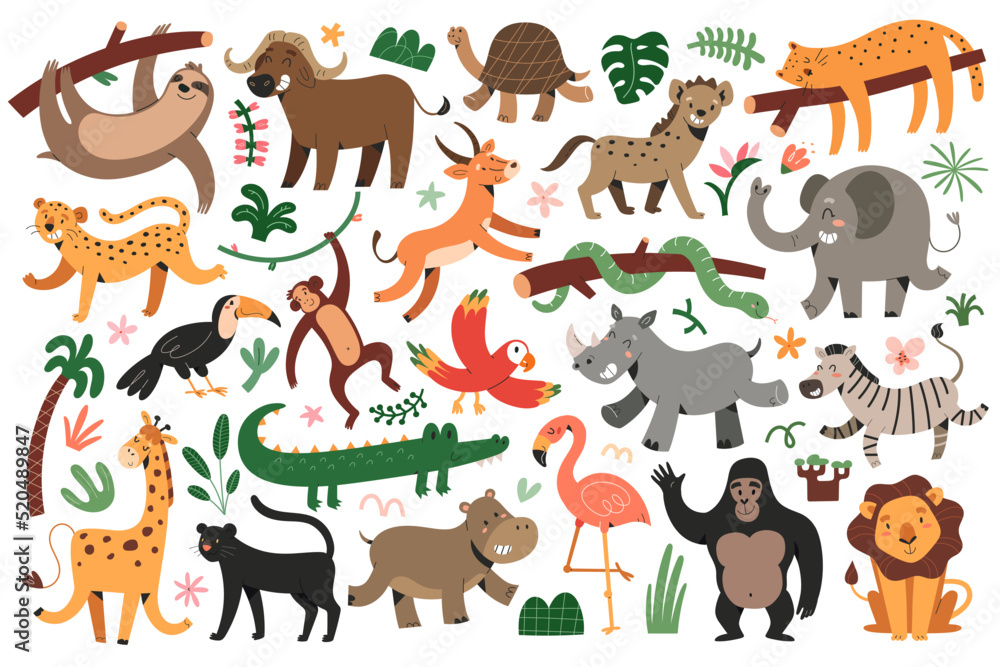 Fototapeta premium Jungle animals bungle, tropical felines set, dancing giraffe and zebra, sleeping jaguar, toucan and macaw parrot flying in rainforest, isolated vector illustrations, cute characters for children