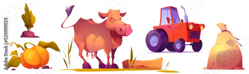 Farm, agriculture and farming items isolated set. Cow, tractor, sack with flour, ripe pumpkin and beetroot isolated elements on white background. Cattle or gardening Cartoon vector illustration, icons