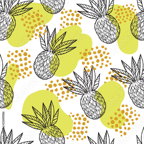 Seamless pineapple pattern, hand-drawn doodle in sketch style. Large pineapple with fluffy foliage and abstract spots. Vegan. Eco. Summer. exotica.