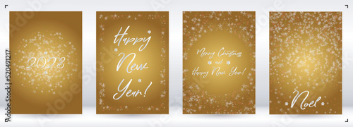 Vector Merry Christmas and New Year Card Collection with Magical Bokeh Lights Sparkle Confetti. Shiny Glitter Christmas Party Print Collection. Winter Sparkle Snowfall Design for Holiday's Poster.