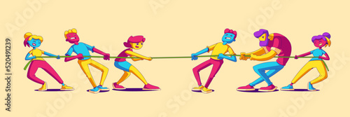 Business teams tug of war battle, opposite groups pull rope during competition or rivalry. Contemporary characters fighting for leadership, arguing, wrestling, Line art cartoon vector illustration