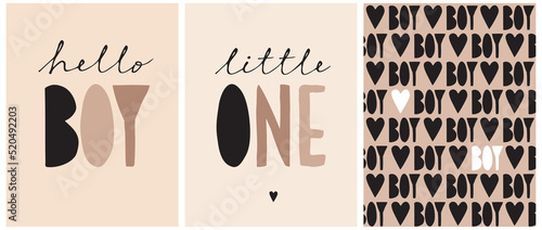 Hello Boy. Little One. Cute Hand Drawn Vector Illustrations and Seamless Pattern for Baby Boy. Black and Brown Handwritten Letters on a Beige Background. Cool Nursery Art ideal for Card, Poster.