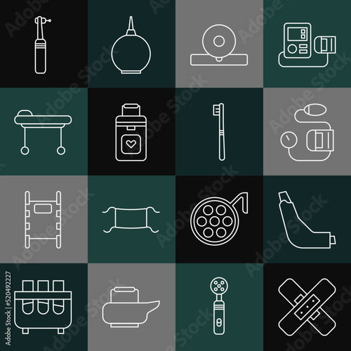 Set line Crossed bandage plaster, Inhaler, Blood pressure, Otolaryngological head reflector, Organ container, Stretcher, Tooth drill and Toothbrush icon. Vector
