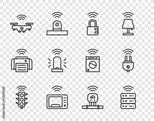 Set line Smart traffic light, server, safe combination lock, microwave oven, drone, flasher siren, sensor and electric plug icon. Vector