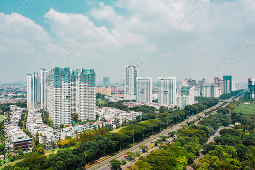 Aerial view of apartment buildings at benyamin suaeb street. Kemayoran, Jakarta © rykie