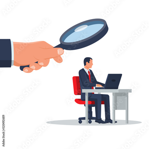 Boss is watching over employee. Hand holding big magnifying glass. Corporate control, observation, privacy concept. Vector illustration flat design. Isolated on white background.