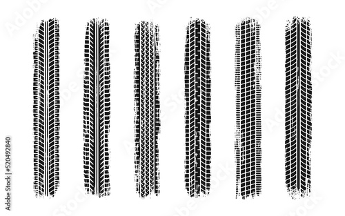 Auto tire tread grunge set. Car and motorcycle tire pattern, wheel tyre tread track. Black tyre print. Vector illustration isolated on white background.