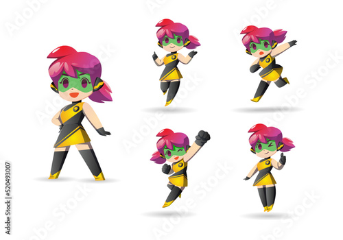 yellow black colorful pony tail Super Hero Girl Mascot Character Set