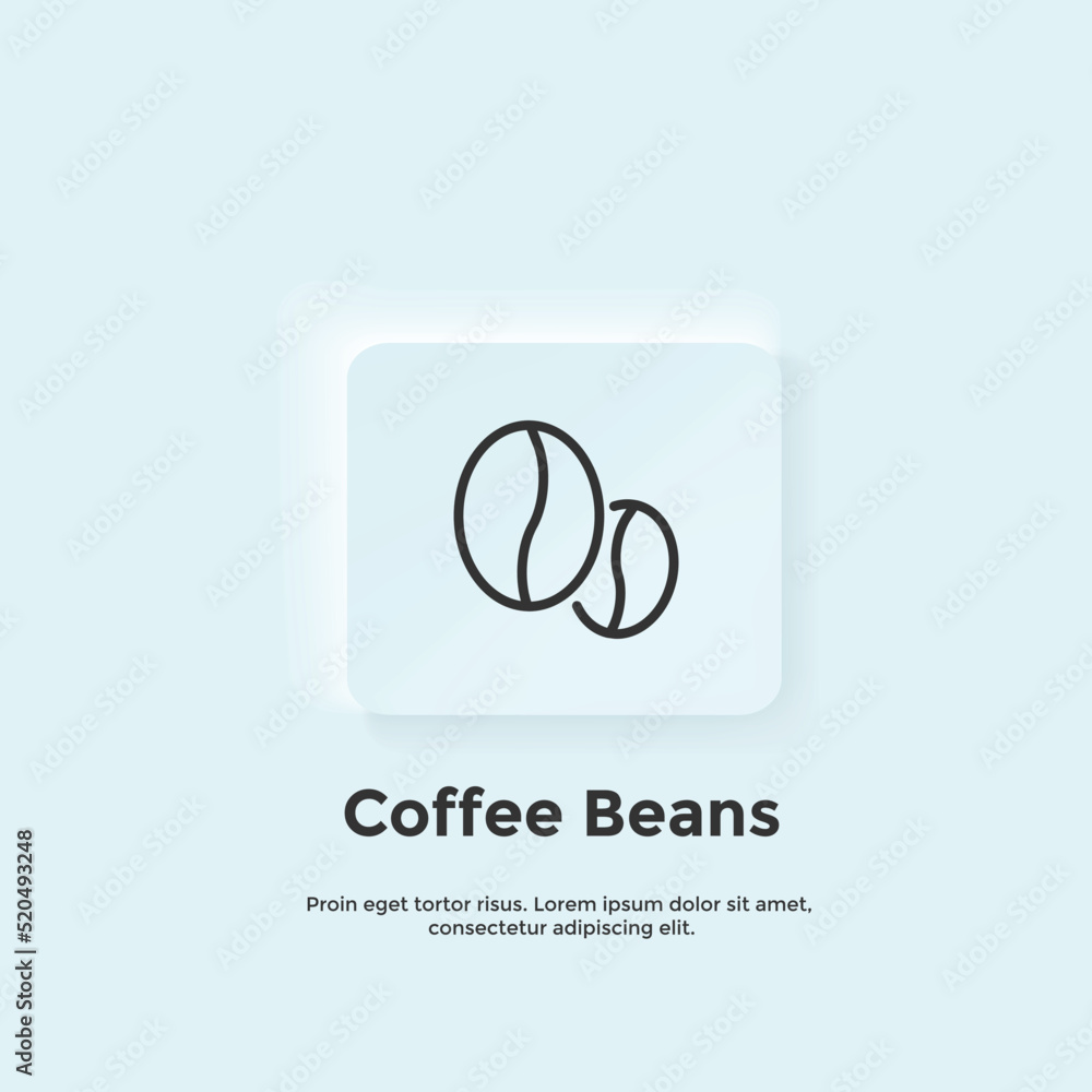 Coffee beans line icon, Neumorphic style button. Vector UI icon Design.  Neumorphism.  Vector line icon for Business and Advertising