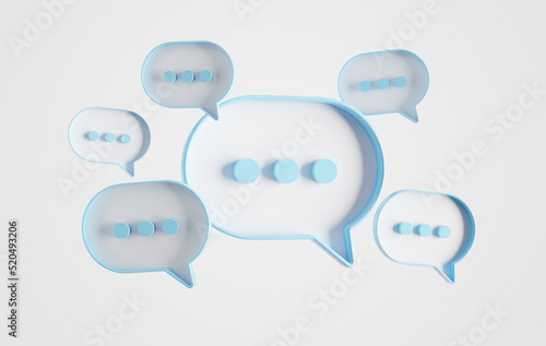 Minimalist blue speech bubbles talk icons floating over white background. Modern conversation or social media messages with shadow. 3D rendering