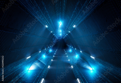 Fototapeta Naklejka Na Ścianę i Meble -  Futuristic interior corridor with blue neon lights walls. Triangle shaped spaceship background in space station. Pyramid style tunnel with lit path way. Cyber room with laser. 3d rendering