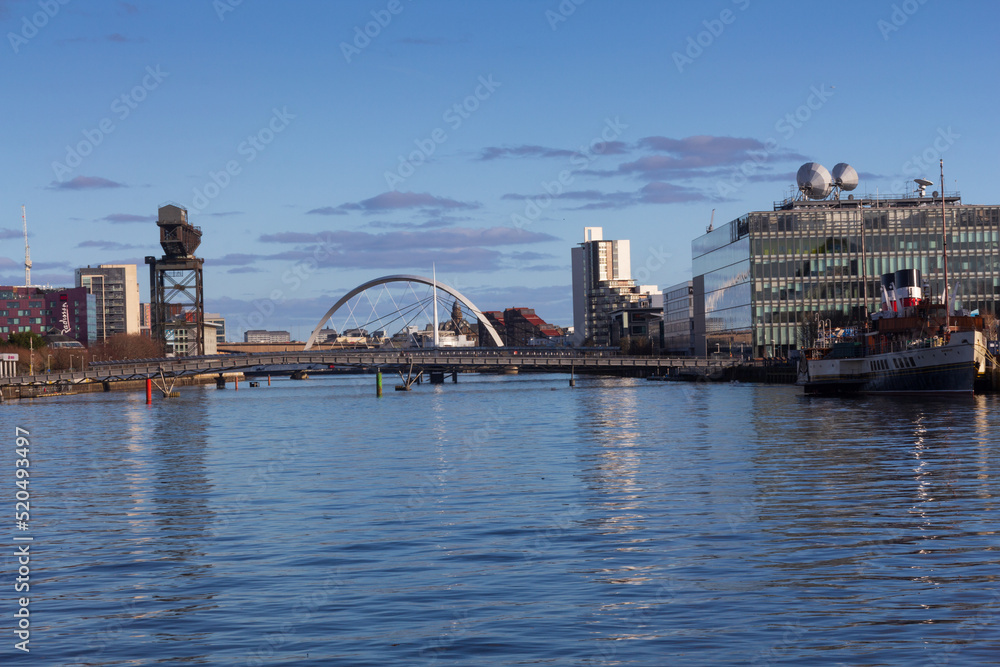 The Science Centre on the river Clyde on a sunny spring morning in Glasgow Scotland.	