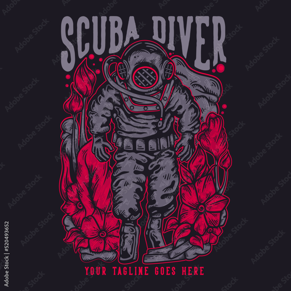 t shirt design scuba diving with diver man walking wearing diver suit with black background vintage illustration t shirt design scuba diving with diver man walking wearing diver suit with black background vintage illustration