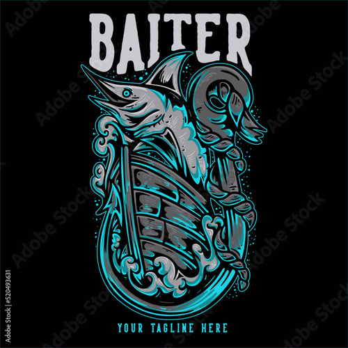 t shirt design baiter with fish jumping on the boat with black back ground vintage illustration