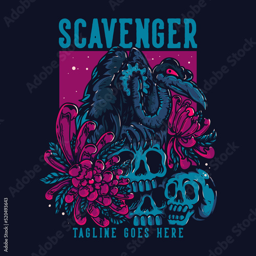 t shirt design scavenger with vulture bird perch on the skulls vintage illustration