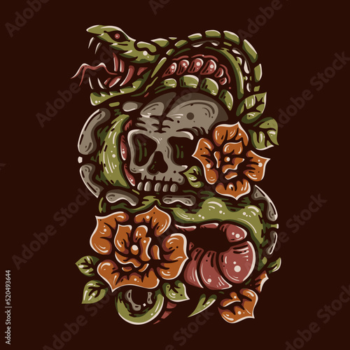 vector illustration skull entangled by a snake with brown background vintage illustration