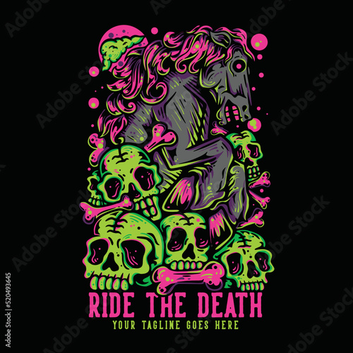 t shirt design ride the death with muscular horse on the skulls with black background vintage illustration